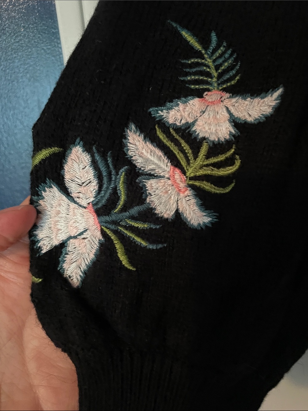 LOFT Black Sweater with Pink Floral Embroidery - Picture 3 of 6
